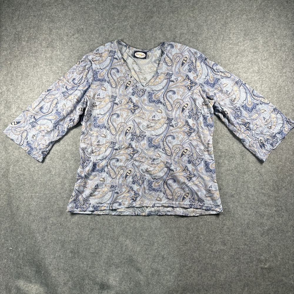 Zoey Beth Plus V-Neck Top 2X Blue Paisley 3/4 Sleeve Lightweight Knit‎